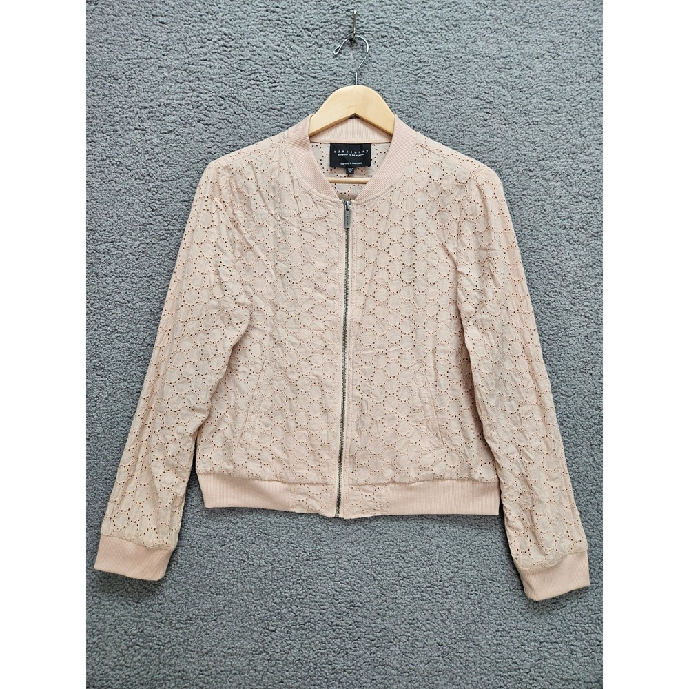 Sanctuary Bomber Jacket Small Pink Eyelet Lace Zip Up Coquette Boho Spring